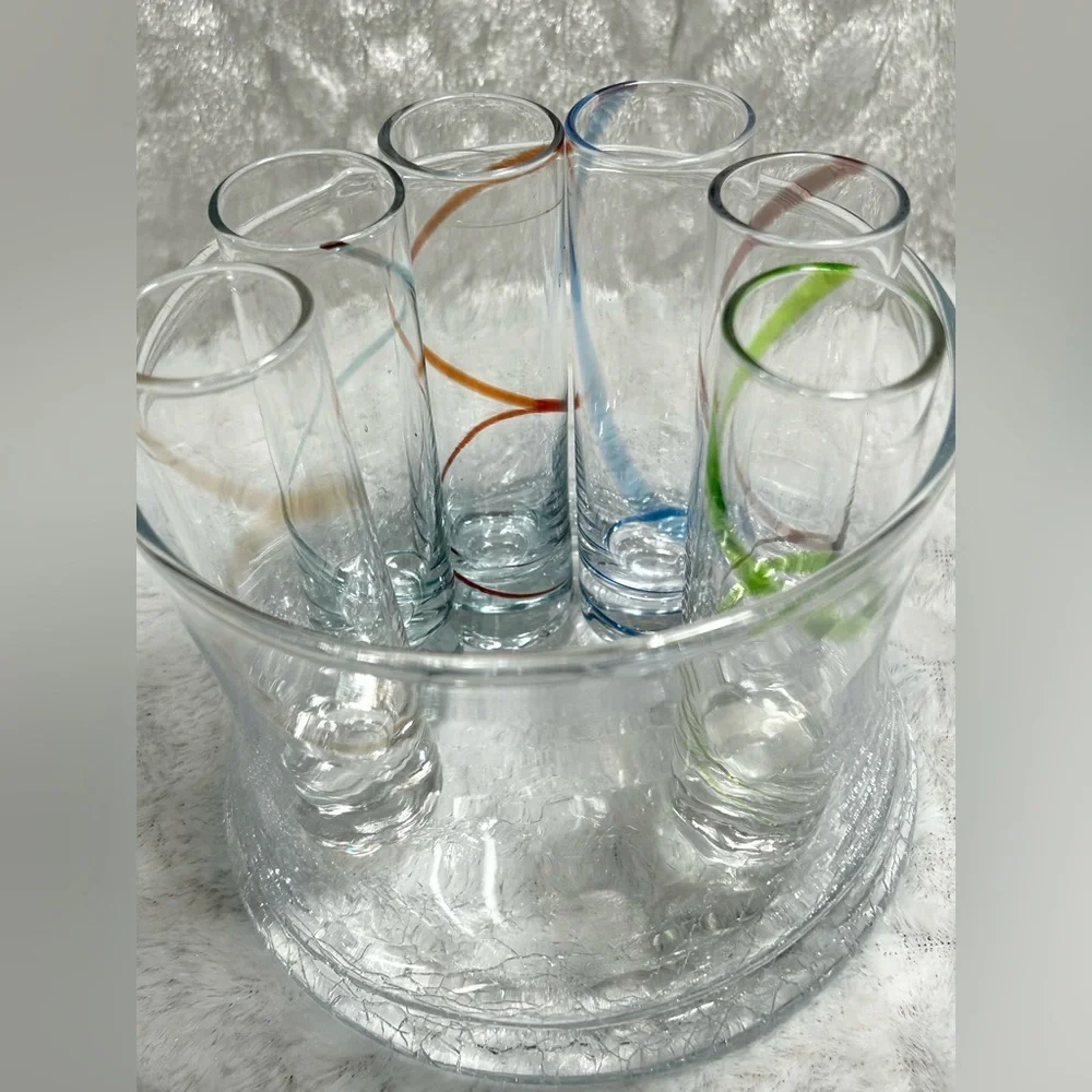 Clear Glass Crackle Bottom Ice Bucket & Set of 6 Swirl Colored Shot Glasses